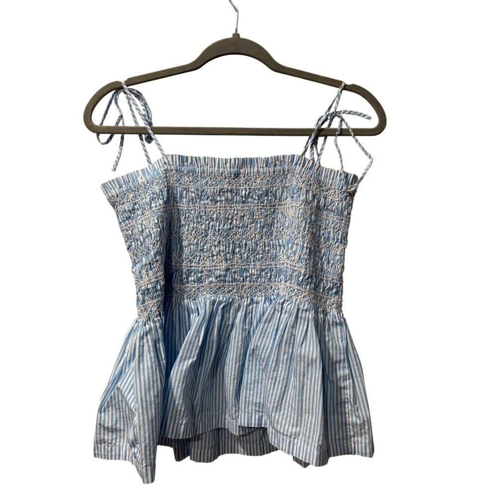 J. Crew Paloma Top Blue Pale Cerulean Stripe Smocked Cotton Sleeveless Peplum To - Picture 5 of 12